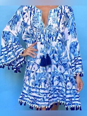 Antica Sartoria 2024 Aqua Blue White Coral Starfish Tassel Dress Beach 
L/XL